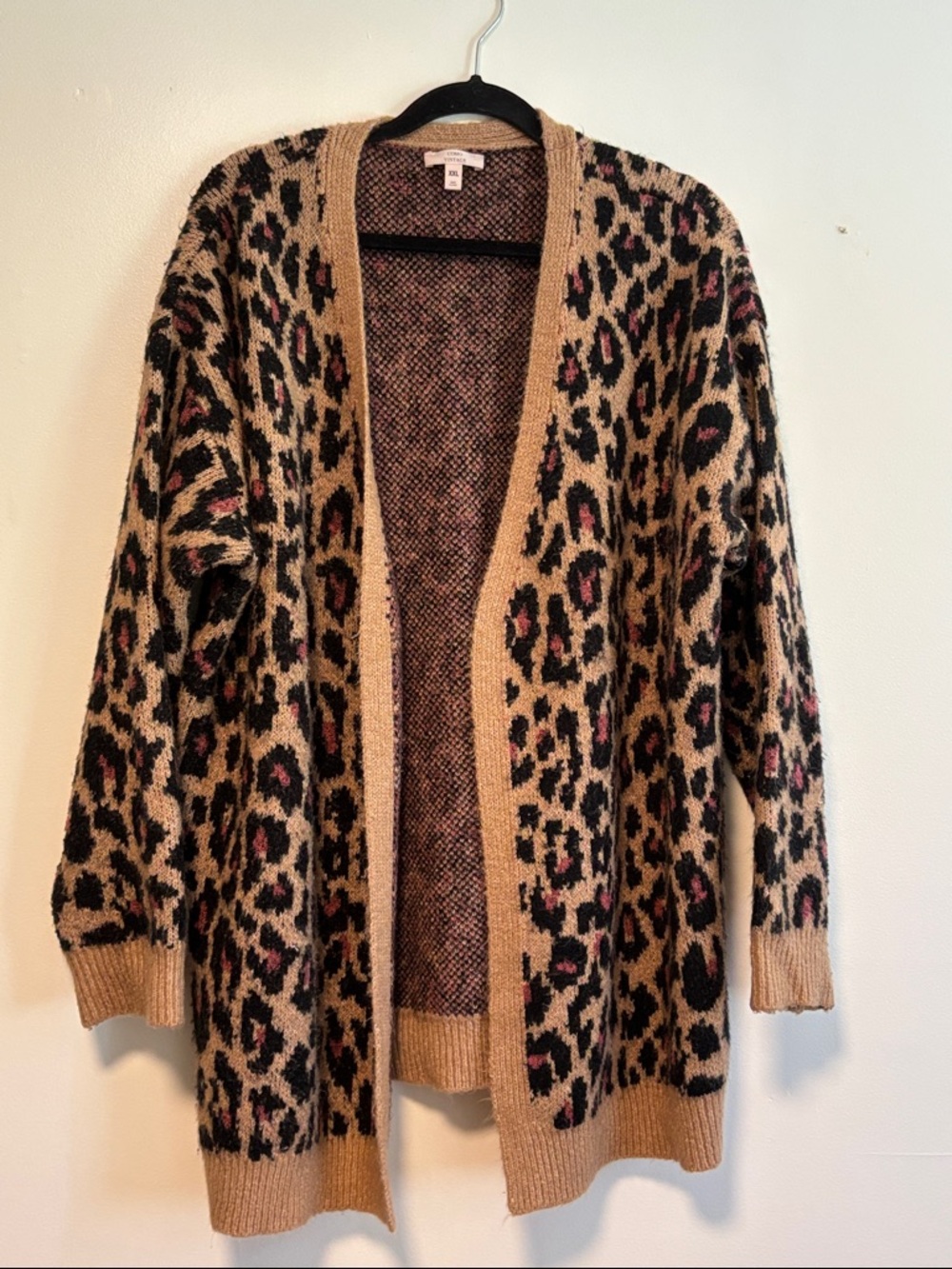 Como Vintage Leopard-Print Open Cardigan in Camel, Black & Pink